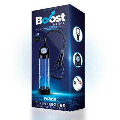 Embalagem da bomba para pénis Intoyou Boost Pump com imagem do produto e texto promocional