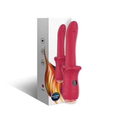 Vibrador de silicone vermelho com controlo digital ao lado da caixa com padrão flamejante