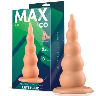 Plug anal adaptável em silicone cor pele com embalagem verde e azul