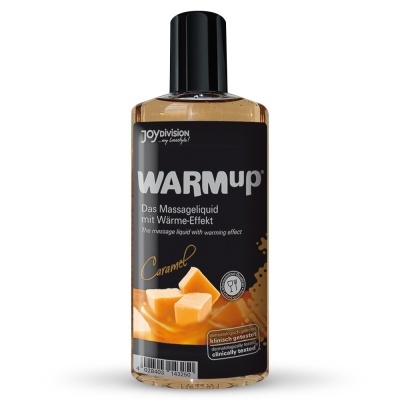 Frasco de líquido para massagem com efeito de aquecimento sabor caramelo.