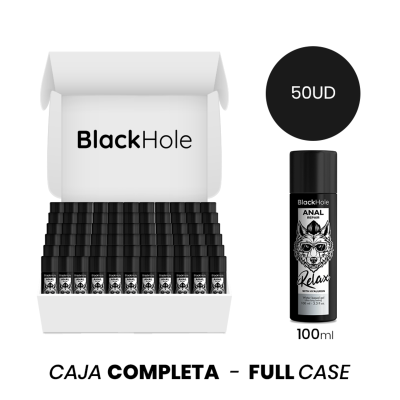 Gel anal BlackHole Relax em frascos pretos com rótulo branco e caixa com 50 unidades.