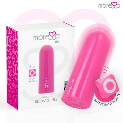 Bullet vibratório cor de rosa com controlo remoto e embalagem branca e rosa da marca More S A