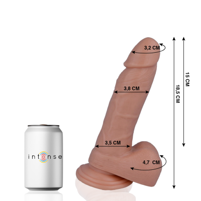 Dildo realista cor pele com medidas ao lado e lata branca com texto INTENSE