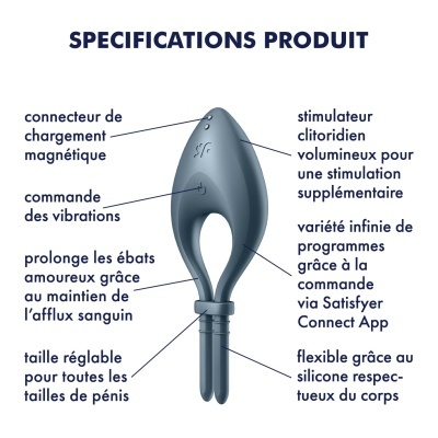 Estimulador sexual azul em silicone com botões e texto explicativo em francês.