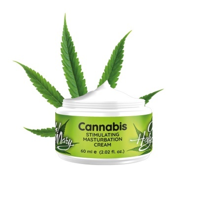 Frasco de creme de estimulação com rótulo verde e folhas de cannabis ao fundo