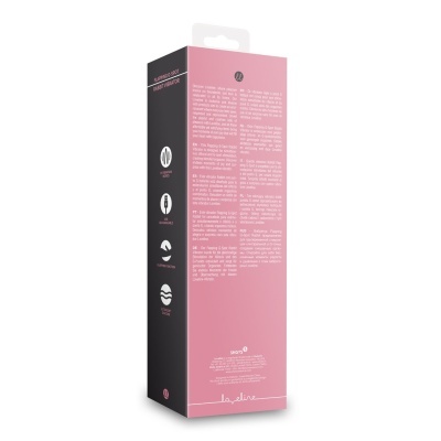 Embalagem de vibrador Flapping G-Spot Rabbit cor rosa e preta com texto e ícones informativos