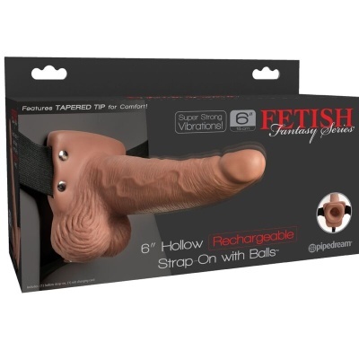 Caixa de cinta peniana 6 Hollow Rechargeable Strap-On com bolas da série Fetish Fantasy