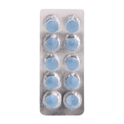 Blister prateado com dez comprimidos azuis
