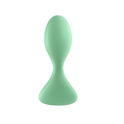 Objeto verde com forma oval e base triangular, isolado em fundo branco.