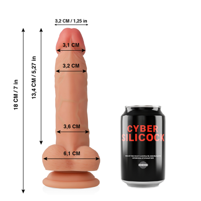Dildo realista com medidas e lata preta ao lado