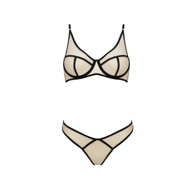 Conjunto lingerie bege transparente com bordas pretas e recortes geométricos.