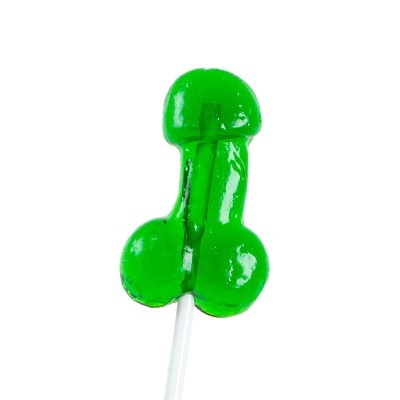 Pirulito verde translúcido em forma fálica com palito branco