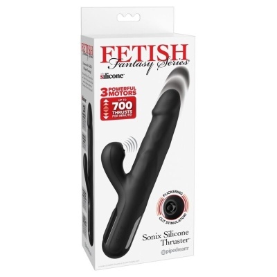 Embalagem branca de produto sexual preto de silicone com texto vermelho e preto.