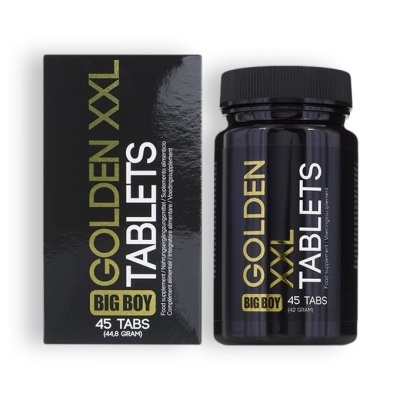 Frasco e caixa do suplemento GOLDEN XXL TABLETS BIG BOY, preto com texto dourado e branco