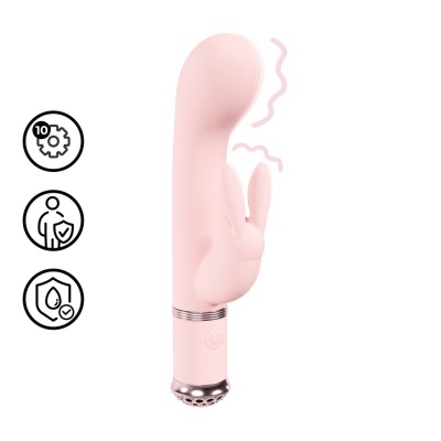 Vibrador rosa com estimulador em forma de coelho e ícones de funcionalidades