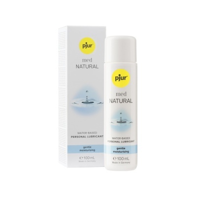 Frasco branco de lubrificante pessoal pjur med NATURAL com caixa correspondente