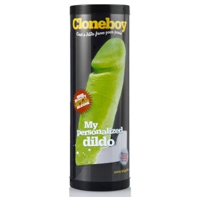 Embalagem Cylinder preta com dildo verde e texto Cloneboy e My personalized dildo