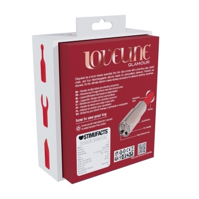 Embalagem de vibrador Loveline Glamour com texto e desenho técnico.