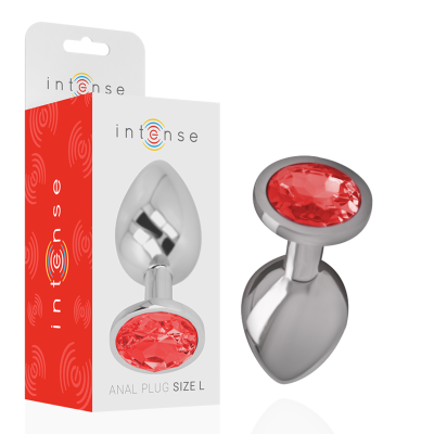 Plug anal metálico com pedra vermelha e embalagem Intense