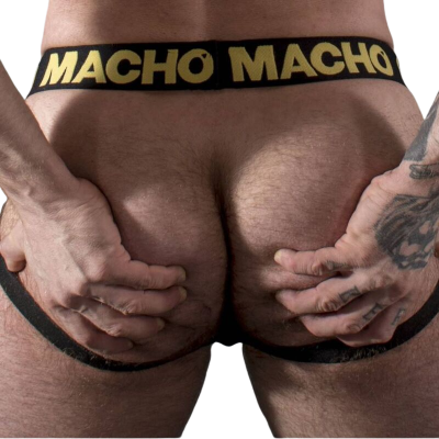 Cueca jockstrap preta com elástico com a palavra MACHO em amarelo