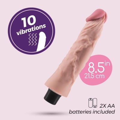 Vibrador com base preta e texto de características num fundo rosa claro.
