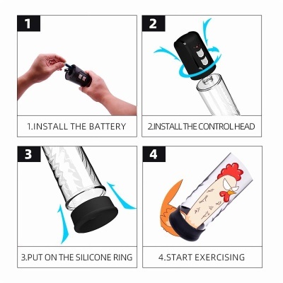 Passos para montar e usar dispositivo com controle preto, anel de silicone e tubo transparente com desenho de galinha