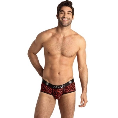 Cuecas boxer masculinas vermelhas com padrão animal print e cintura preta com a inscrição ANAIS
