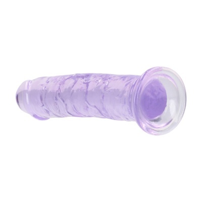 Dildo transparente roxo com textura em relevo e ventosa na base