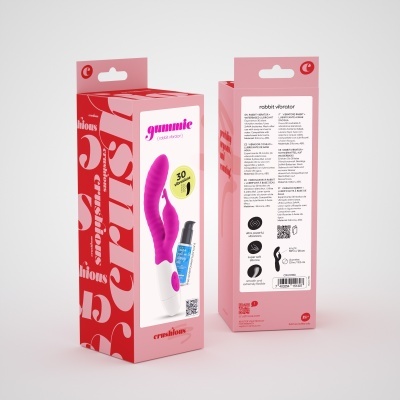 Embalagem rosa de vibrador rabbit com lubrificante azul e texto em várias línguas