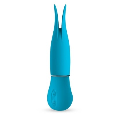 Dispositivo vibrador azul em silicone com duas pontas e botões