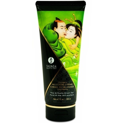 Creme para massagem SHUNGA EROTIC ART com ilustração de casal em estilo japonês em embalagem verde e preta