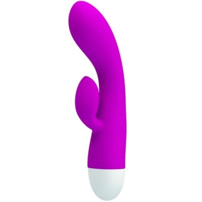 Vibrador roxo com base branca e formato curvo