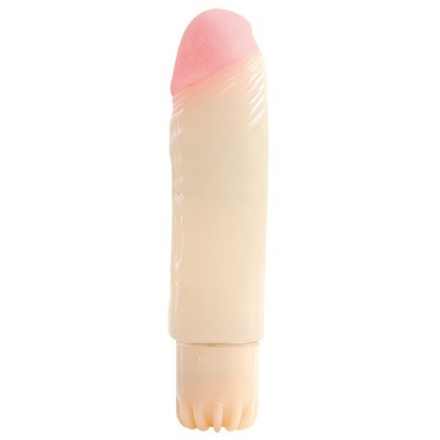 Vibrador anatómico de silicone em tons de pele e rosa com base detalhada.