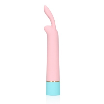 Vibrador cor-de-rosa com base azul e superfície lisa