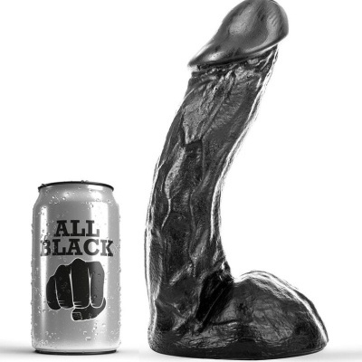 Dildo preto realista ao lado de lata prateada com texto ALL BLACK