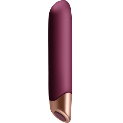 Vibrador roxo com base dourada rosé e formato alongado