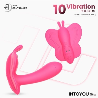 Dois vibradores cor-de-rosa em silicone, um anatómico e outro em forma de borboleta, com texto de modos de vibração e controlo por app