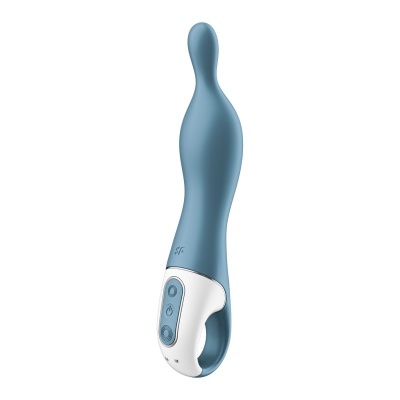 Vibrador de silicone azul com pega branca e botões de controlo.