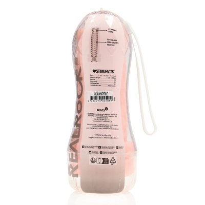 Embalagem translúcida rosa de produto cilíndrico texturizado com texto e códigos de barras
