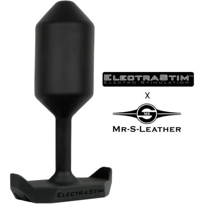 Plug anal preto de silicone com base larga e logotipos ElectraStim e Mr-S-Leather