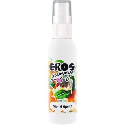 Frasco spray branco com rótulo colorido e texto EROS yummy