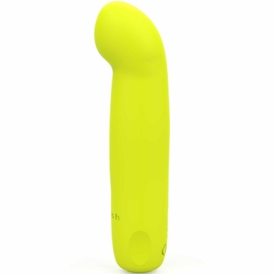 Vibrador amarelo com design curvo em fundo branco
