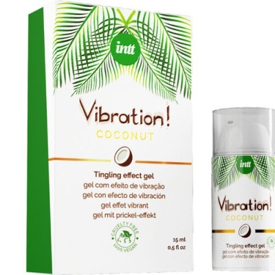Embalagem e frasco de gel vibratório Vibration! Coconut da intt, verde, branco e castanho