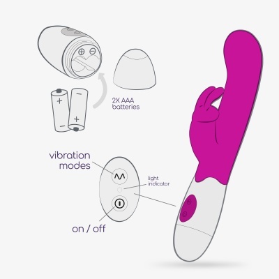 Dispositivo vibratório branco e roxo com botões e compartimento para pilhas AAA.