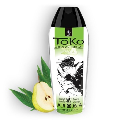 Frasco de lubrificante Toko com pêra e folhas verdes