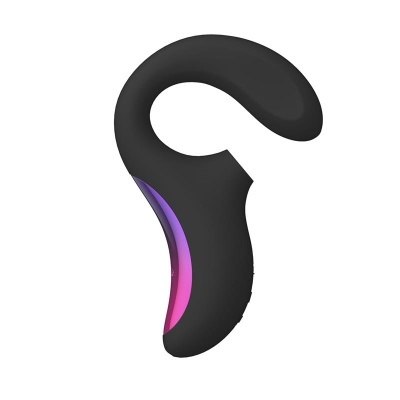 Dispositivo preto curvo com detalhe roxo e rosa