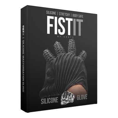 Caixa preta com imagem de luva de silicone texturizada para masturbação