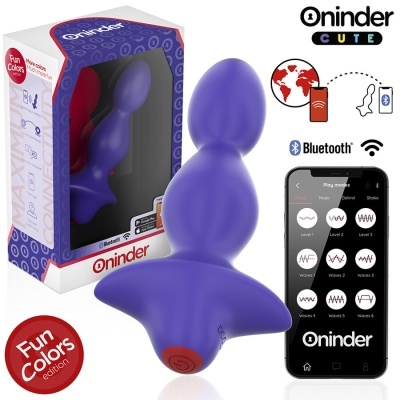 Produto de silicone roxo para uso adulto e embalagem Oninder com imagem de telemóvel