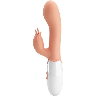 Vibrador cor de pele com base branca e extensão lateral