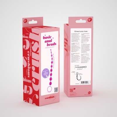 Embalagem vermelha e rosa de contas anais básicas com texto descritivo e imagem do produto.